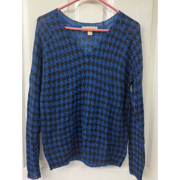 MICHAEL KORS Sweater Sz Small Mohair Wool Blend Houndstooth Blue Black V Neck - Picture 1 of 4